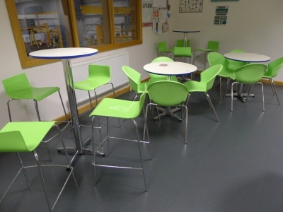 5 assorted white melamine canteen tables with 22 assorted lime green polypropylene chairs - 5