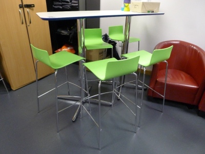 5 assorted white melamine canteen tables with 22 assorted lime green polypropylene chairs - 6