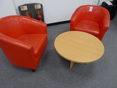 2 red leather effect tub chairs with a light oak effect circular coffee table - 3