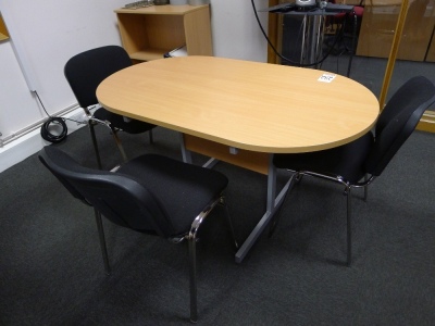Light oak effect oval table with 3 black cloth upholstered side chairs 140cm x 80cm - 3