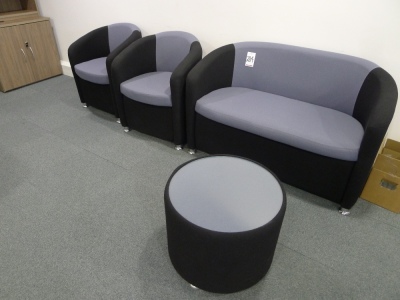 Blue / black cloth upholstered 2 seater reception sofa with 2 matching tub chairs and coffee table - 3