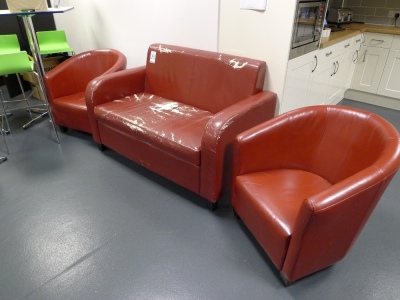 Red leather effect 2 seater sofa with 2 matching tub chairs - 3
