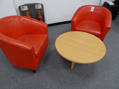 2 red leather effect tub chairs with a light oak effect circular coffee table - 2