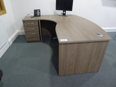 Light walnut effect 200cm workstation with matching 3 drawer filing cabinet, oval meetings table with 6 blue cloth upholstered skid-leg chairs and combination storage unit - 4