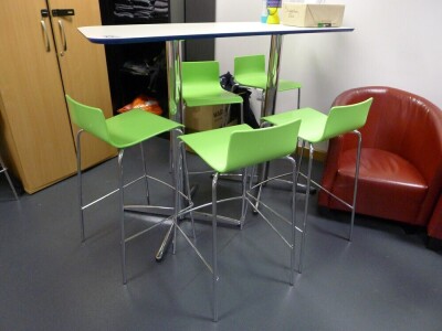 5 assorted white melamine canteen tables with 22 assorted lime green polypropylene chairs - 4