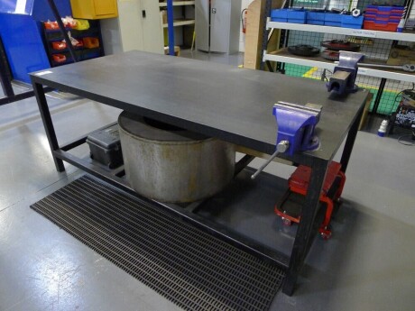 Welded steel 2 tier workshop table with 2 vices