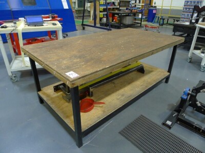 2 Welded steel 2 tier workshop tables with timber covers