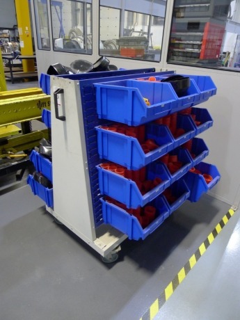 Double sided mobile storage bin rack (contents not included)