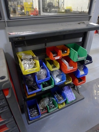 Clarke component storage bin rack and contens (mainly bolts)