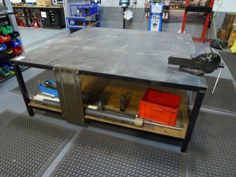Welded steel 2 tier workshop table with Record No 6 vice 200cm x 200cm