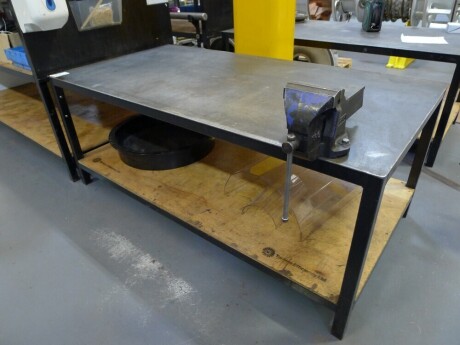 Welded steel 2 tier workshop table with Record No 6 vice 200cm x 100cm