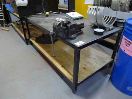 Welded steel 2 tier workshop table with Record No 25 vice 200cm x 100cm