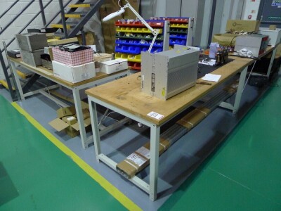3 steel framed wooden topped packing tables 200cm x 80cm (contents not included)