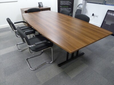 Rosewood effect meetings table with 6 charcoal tweed upholstered skid-leg chairs and matching combination unit