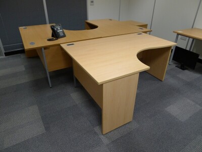 3 assorted light oak effect workstations with a matching 3 drawer pedestal and side table