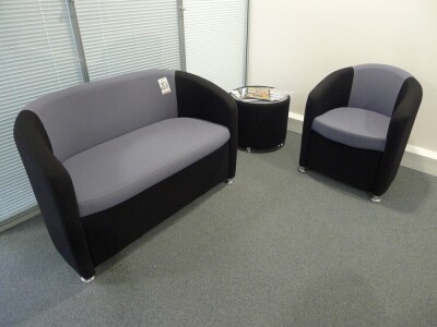 Blue / black cloth upholstered 2 seater reception sofa with matching tub chair and coffee table