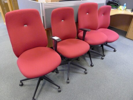 4 Summit red cloth upholstered swivel chairs